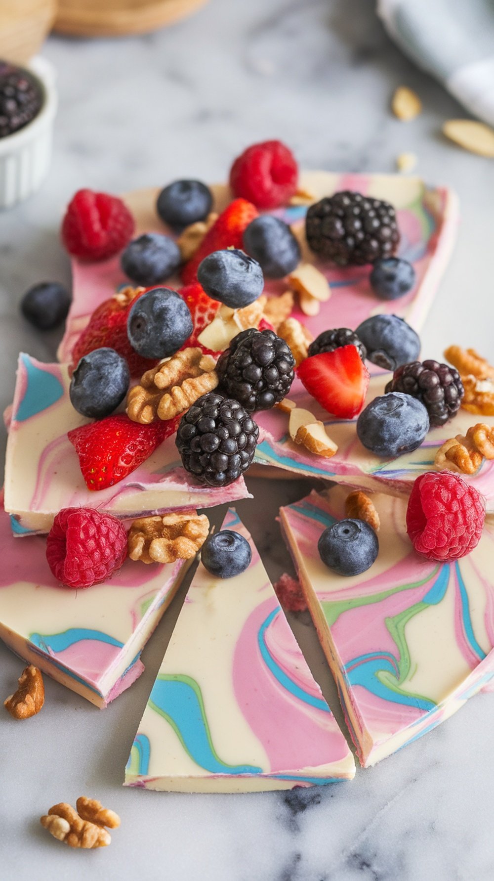 Colorful frozen yogurt bark topped with berries and nuts