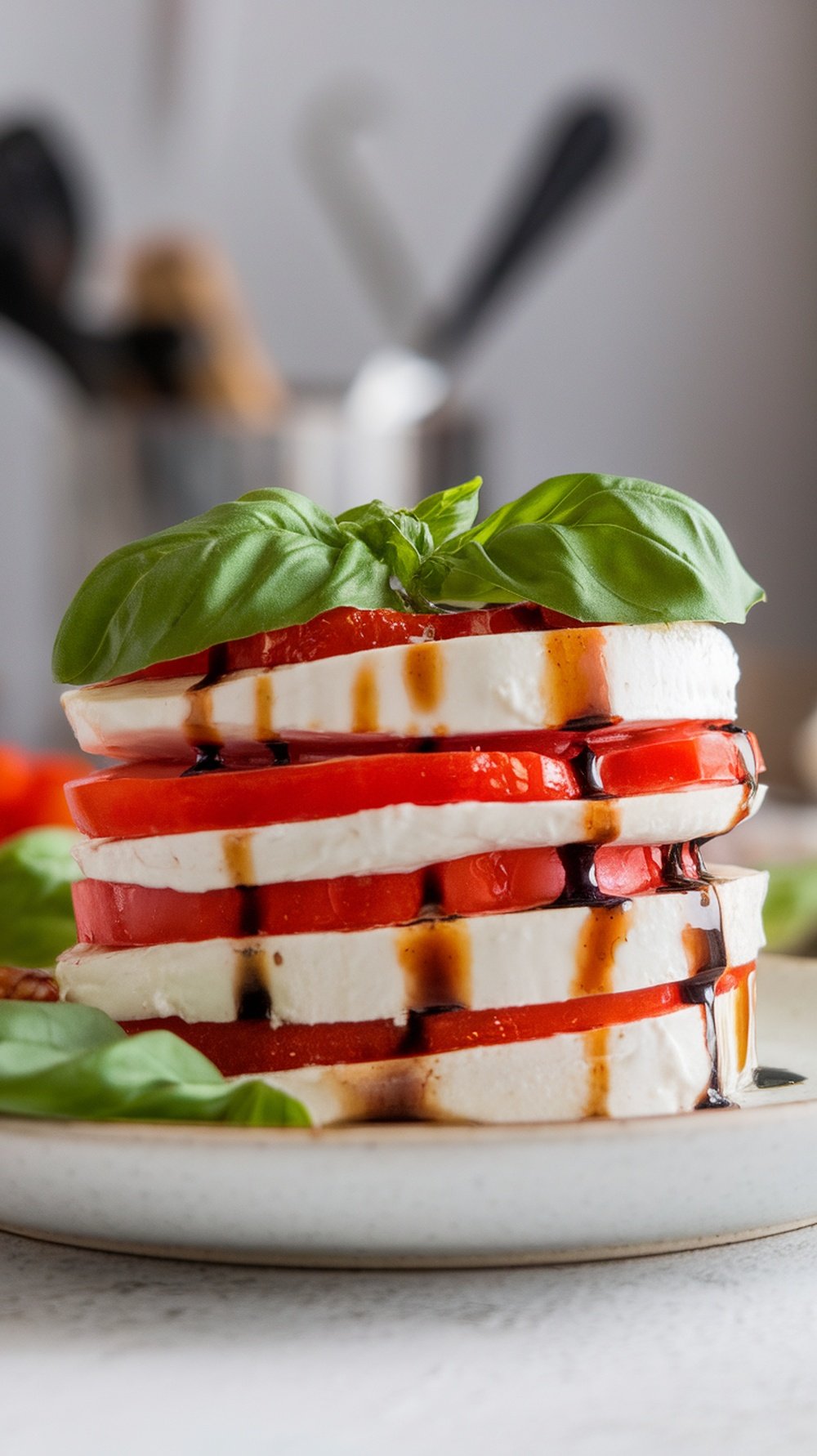 A layered Caprese salad with tomatoes, mozzarella, and basil, drizzled with balsamic glaze.