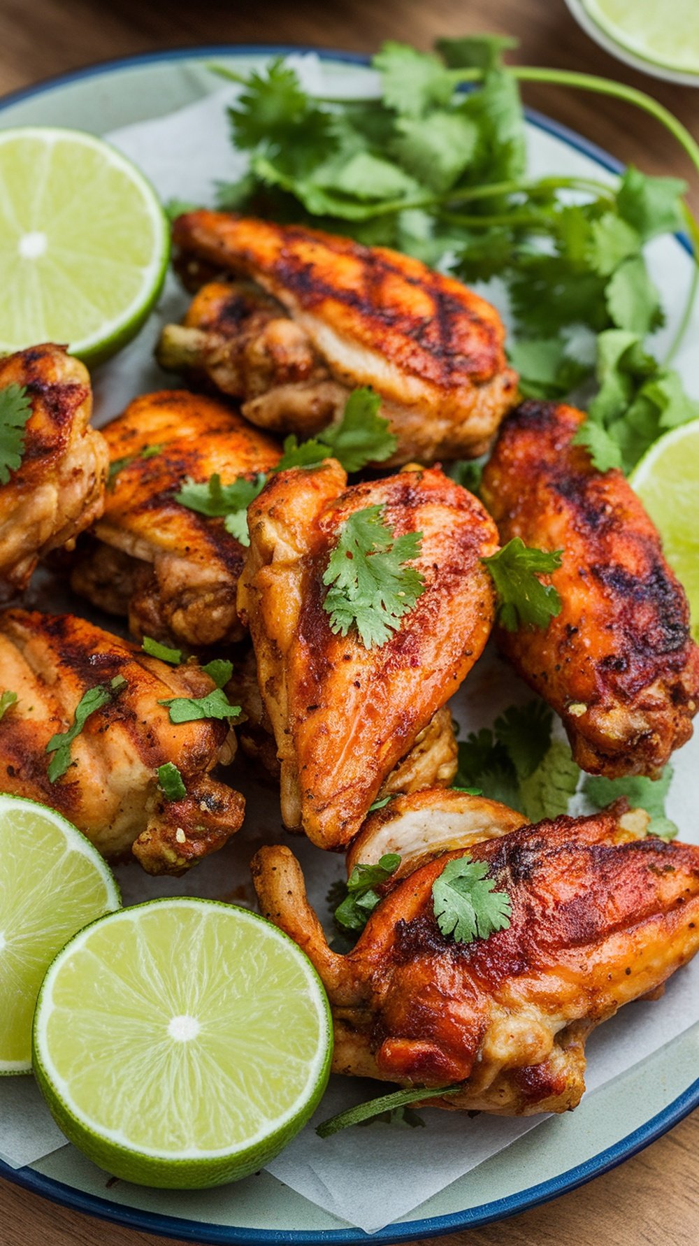 Grilled chicken wings garnished with lime slices and cilantro