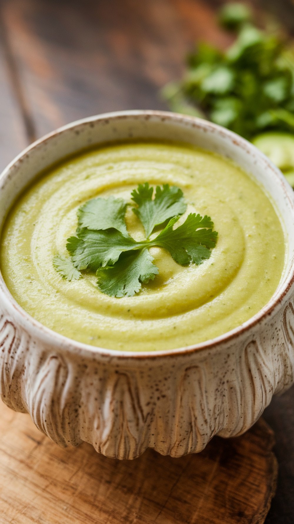 Chilled avocado and cucumber soup in a decorative bowl, garnished with cilantro.