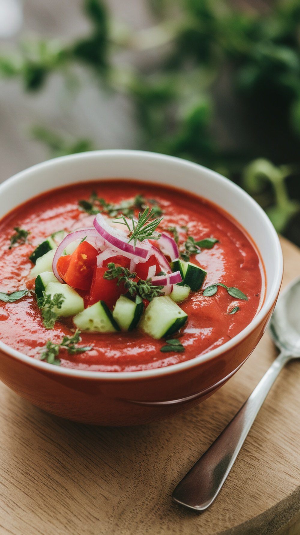 A bowl of chilled gazpacho garnished with fresh herbs, cucumbers, and red onions.