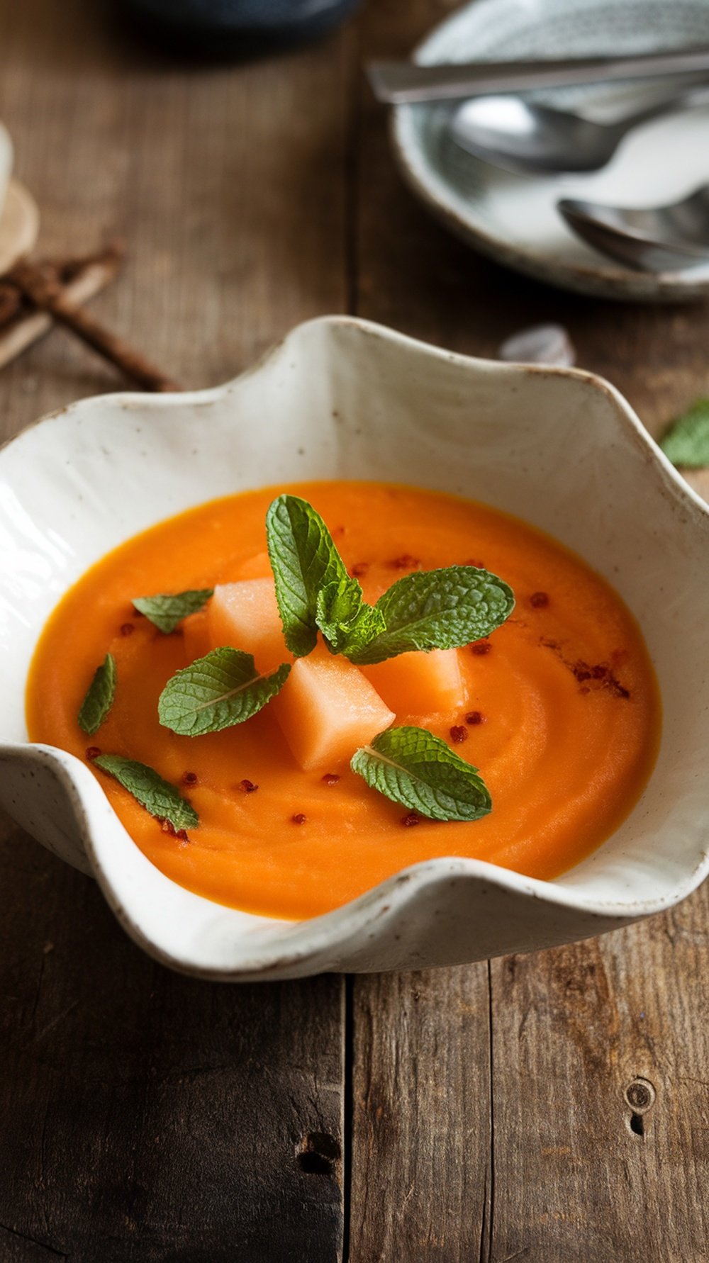 A bowl of chilled melon and mint soup garnished with mint leaves and melon cubes, placed on a wooden table.