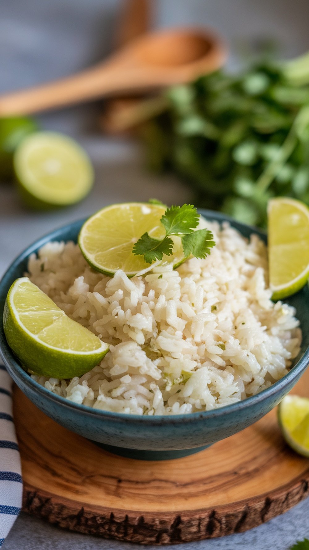 A bowl of cilantro lime rice garnished with lime wedges and cilantro, set against a backdrop of fresh limes and herbs.