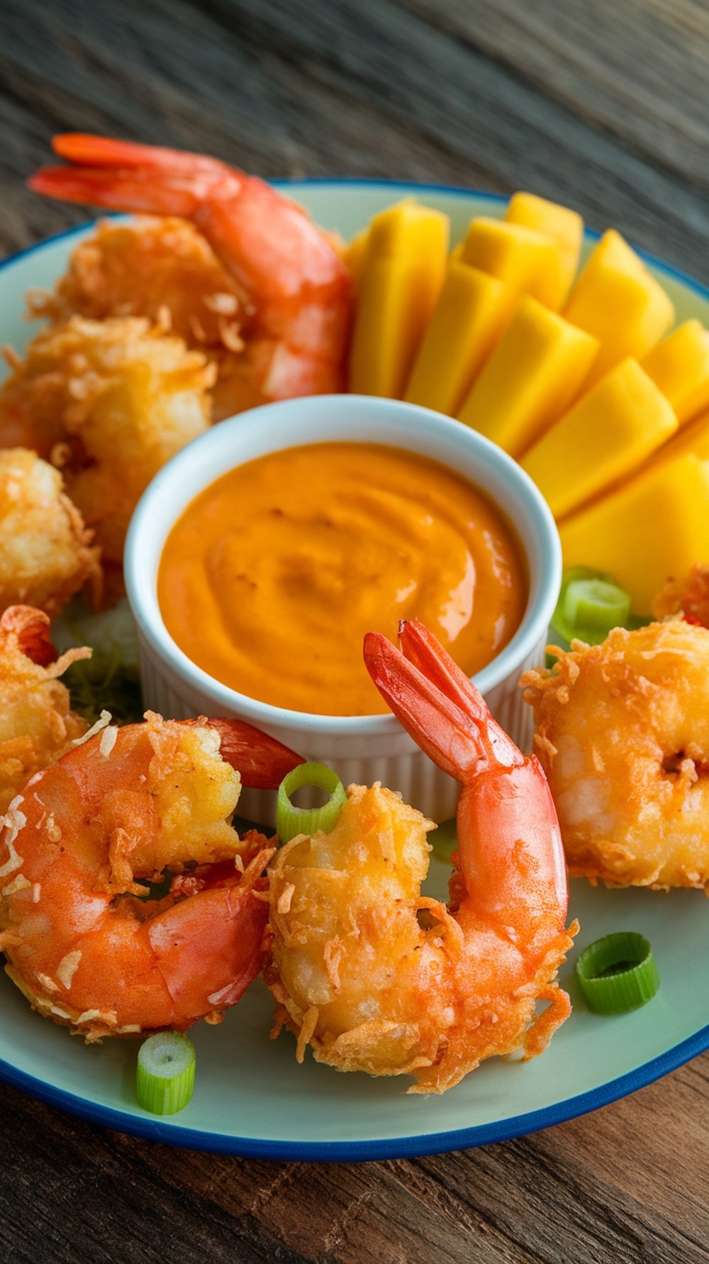 Plate of coconut shrimp with spicy mango dipping sauce and mango slices