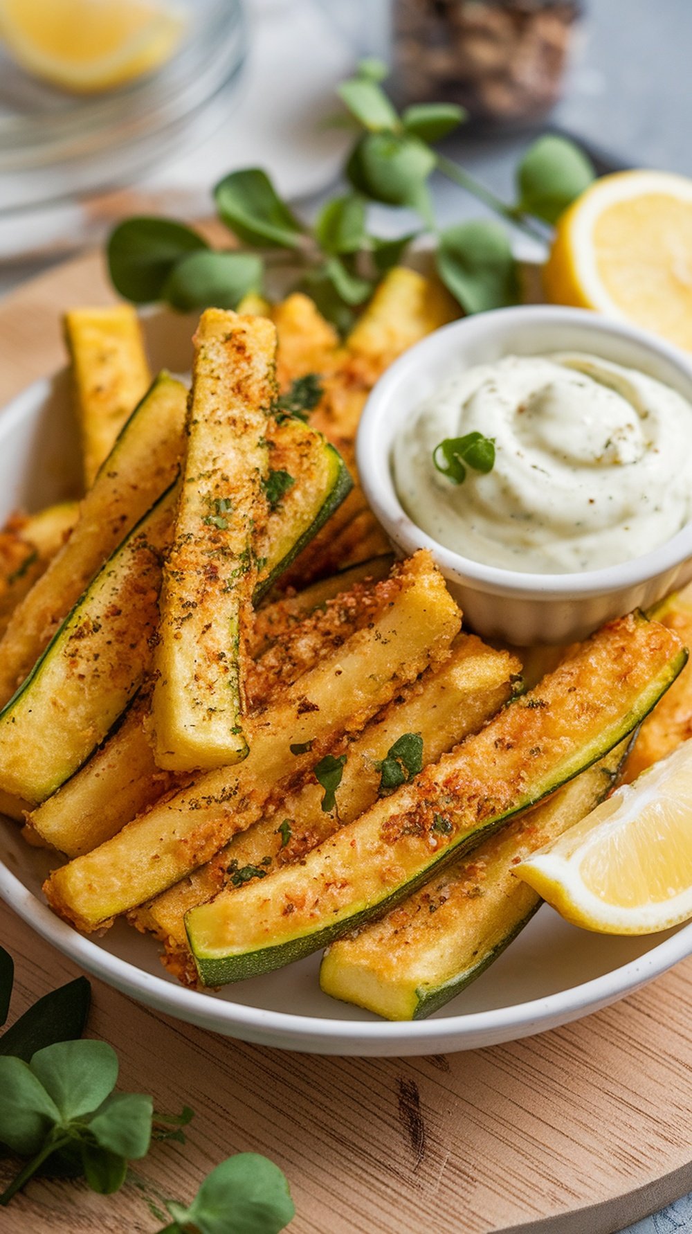 Crispy baked zucchini fries served with garlic aioli and lemon slices.