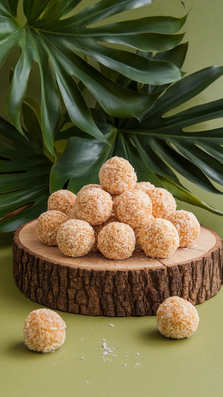 Homemade Coconut Drops Recipe: Caribbean Candy Making Guide Golden coconut drops on a plate, garnished with shredded coconut and ginger slices, on a rustic wooden table.