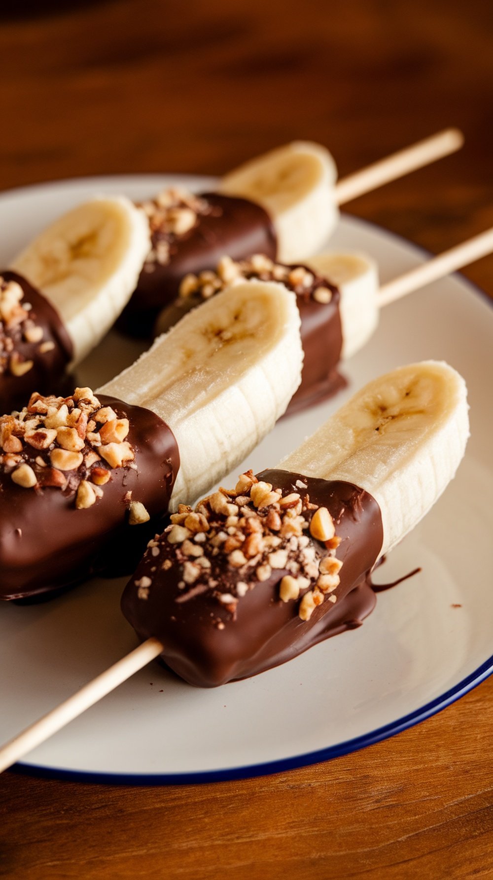 Frozen banana pops dipped in dark chocolate and topped with chopped nuts on a plate.