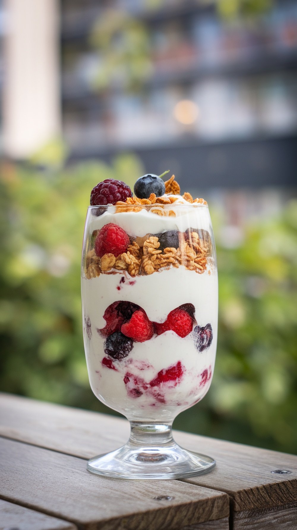 A delicious frozen yogurt and berry parfait in a glass, layered with yogurt, raspberries, blueberries, and granola.