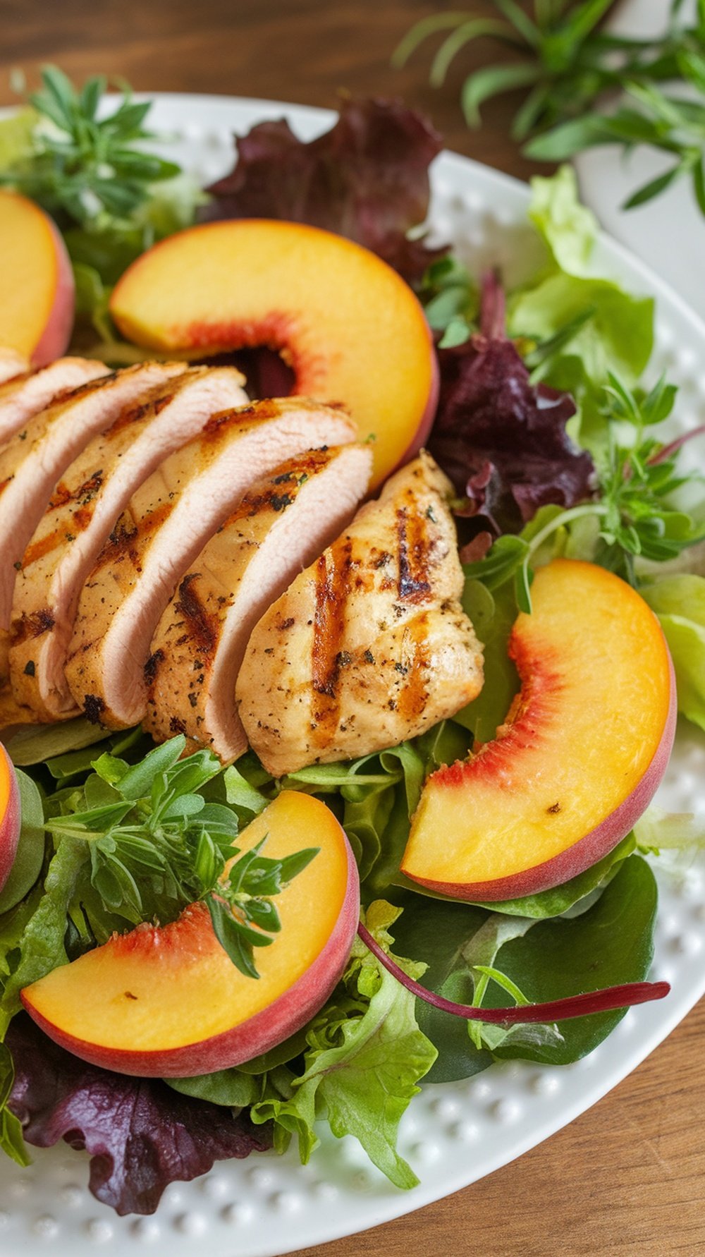 A colorful salad with grilled chicken slices, fresh greens, and peach slices on a white plate.