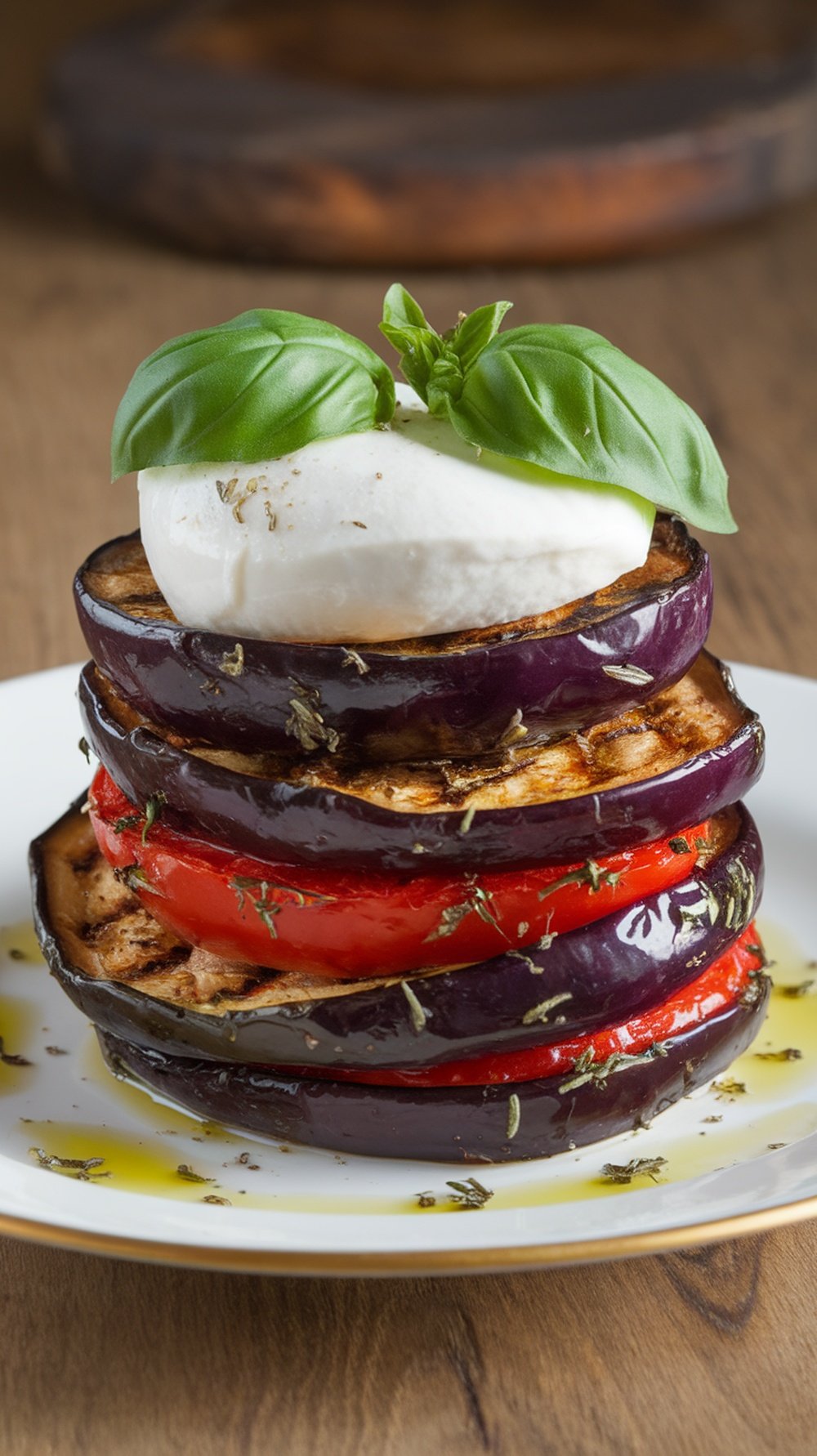 A grilled eggplant and tomato stack topped with fresh basil and cheese on a white plate.