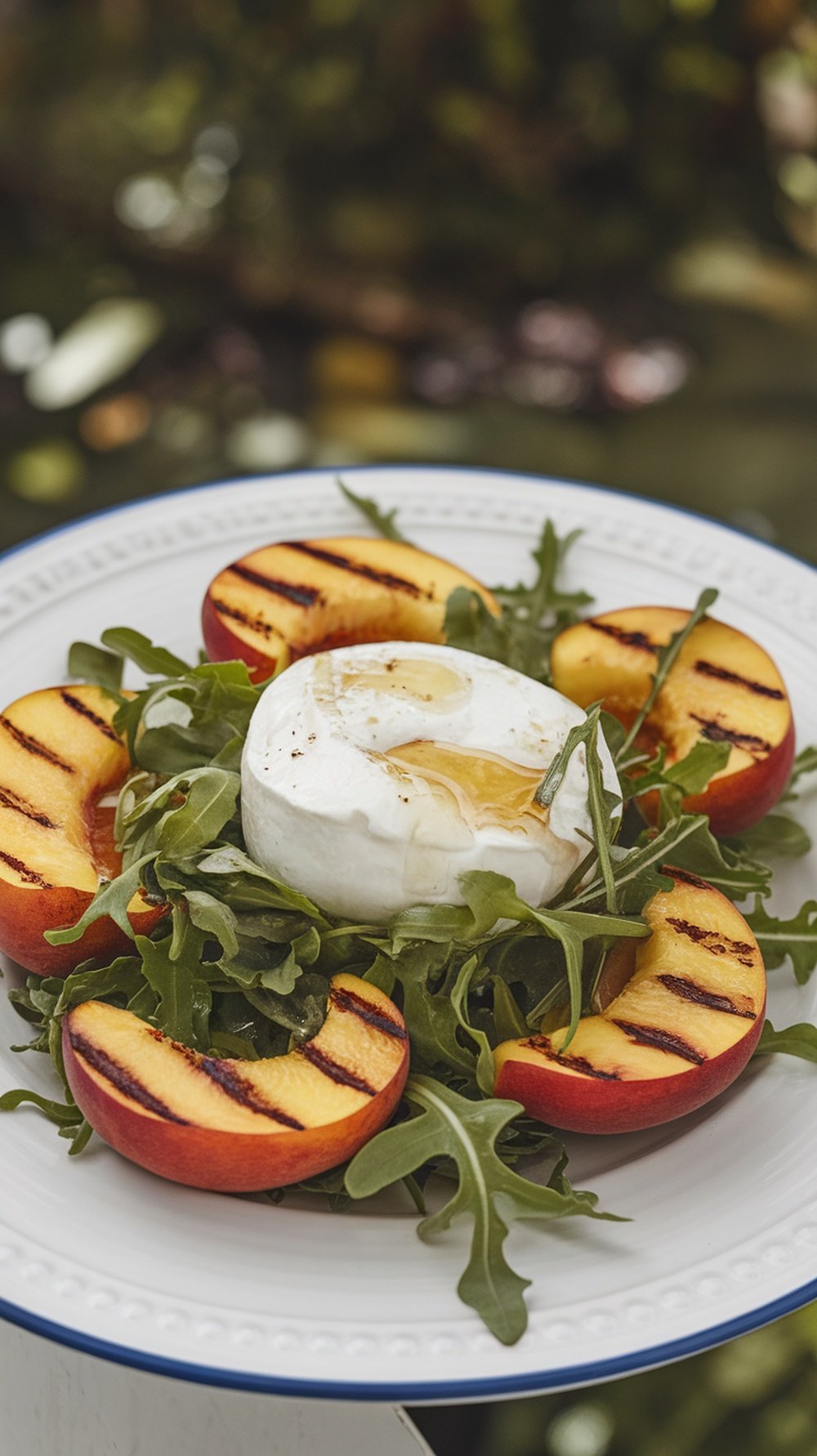 A plate of grilled peach and burrata salad with arugula and honey drizzle.