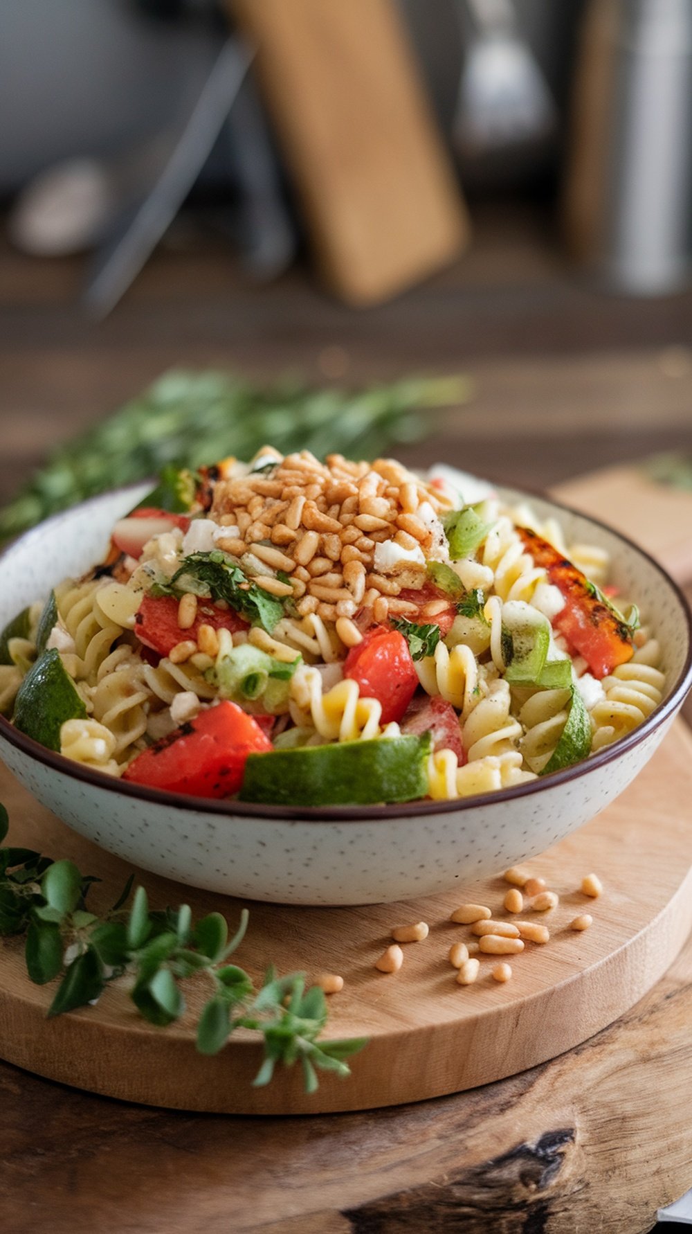 A bowl of grilled vegetable pasta salad with colorful vegetables and pasta, garnished with pine nuts.