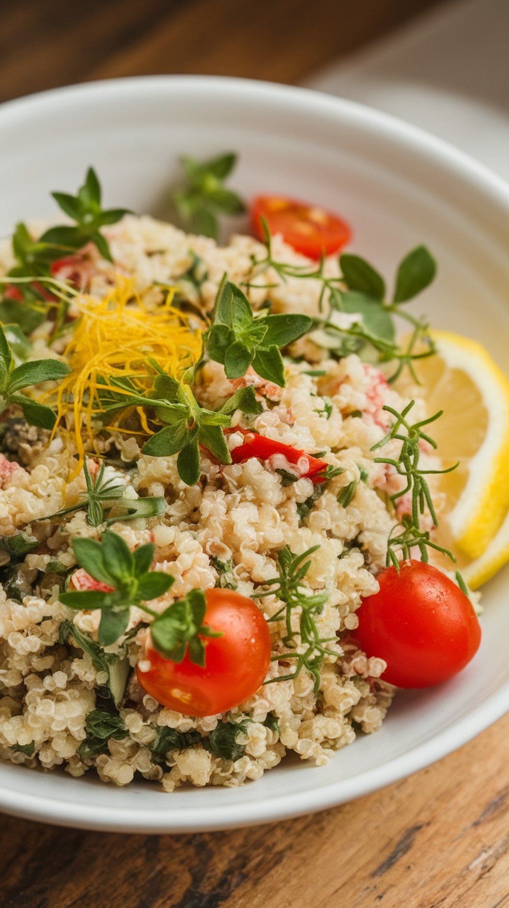 A bowl of Herbed Lemon Quinoa Salad with cherry tomatoes and fresh herbs.
