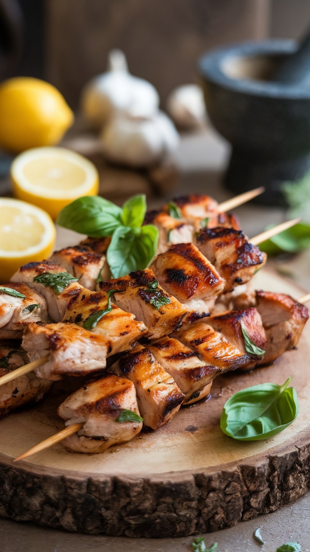 Lemon Basil Grilled Chicken Skewers on a wooden platter with lemon slices and basil leaves