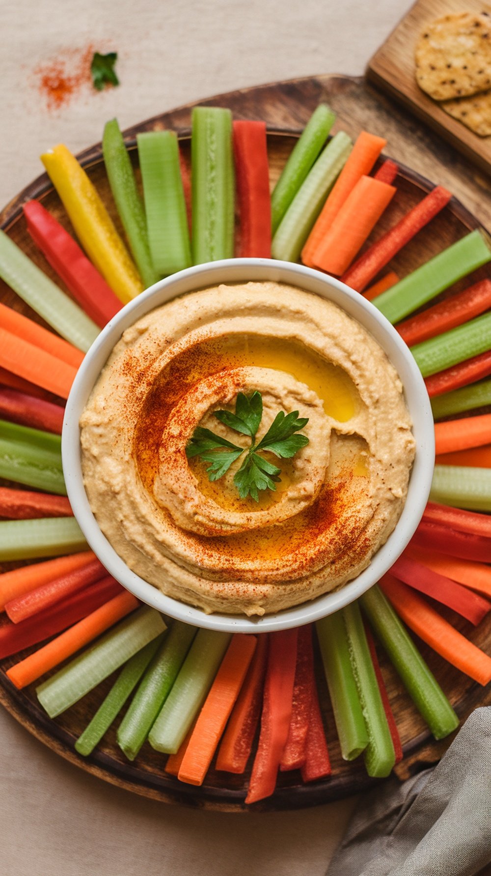 A bowl of lemon garlic hummus surrounded by colorful veggie sticks on a wooden platter.