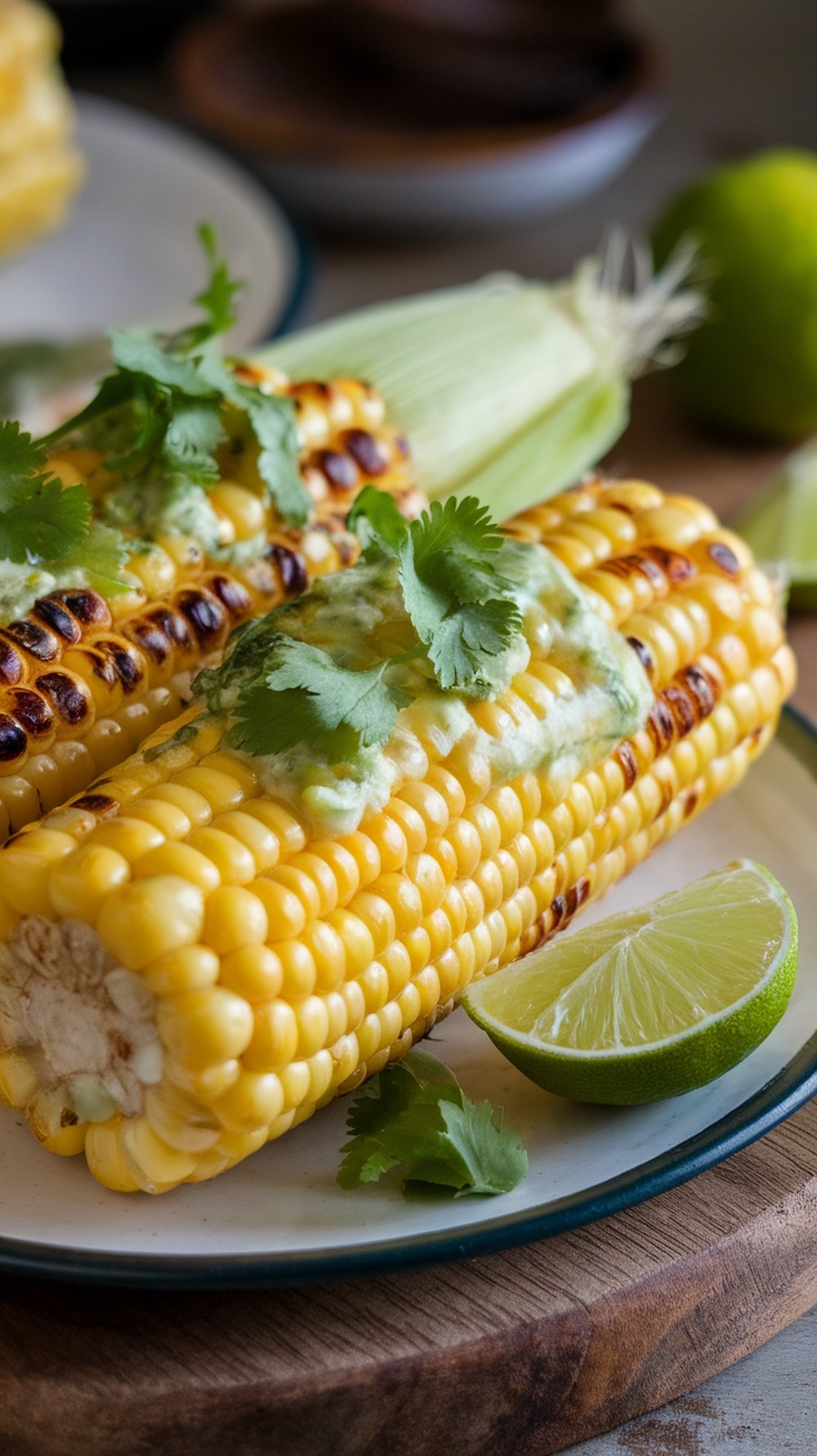 Grilled corn on the cob topped with lime and cilantro, served with lime wedges.