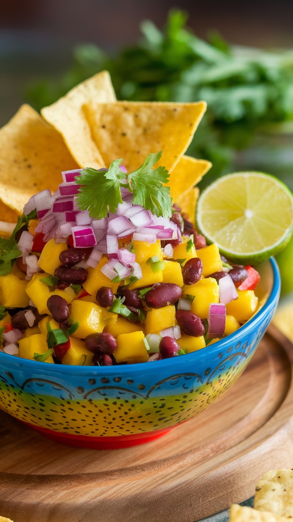 A colorful bowl of mango and black bean salsa with tortilla chips, garnished with cilantro and lime.