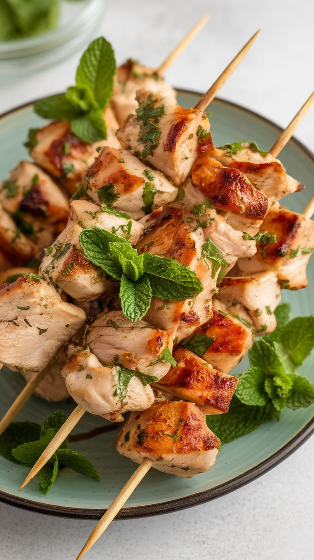 Mojito Chicken Skewers garnished with mint leaves on a plate