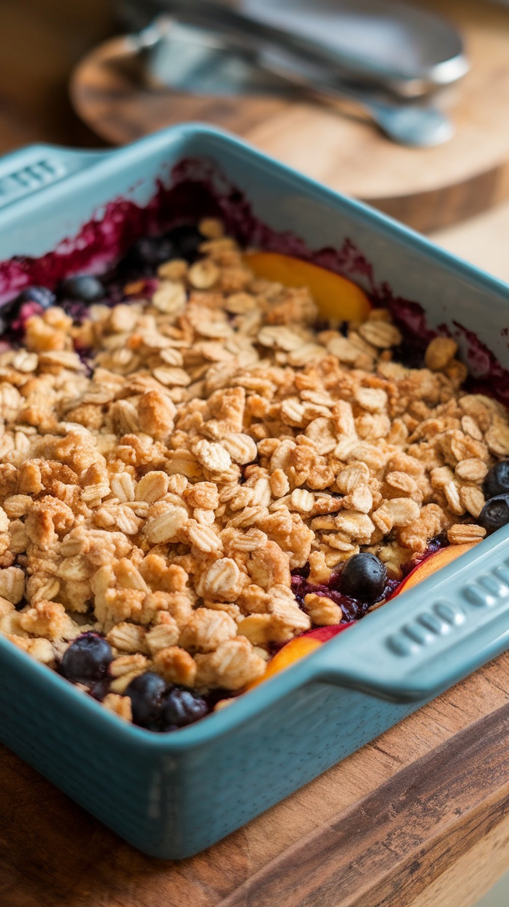 A delicious Peach and Blueberry Crisp in a blue baking dish, topped with a golden oat crumble.