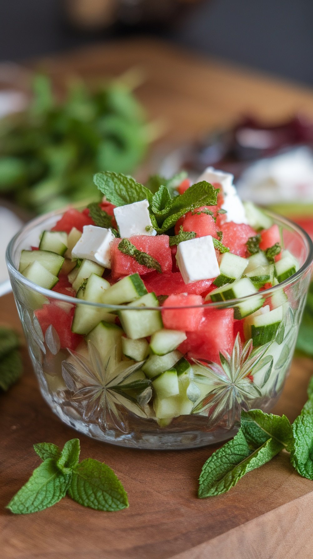 A bowl of cucumber and watermelon salad garnished with mint leaves.