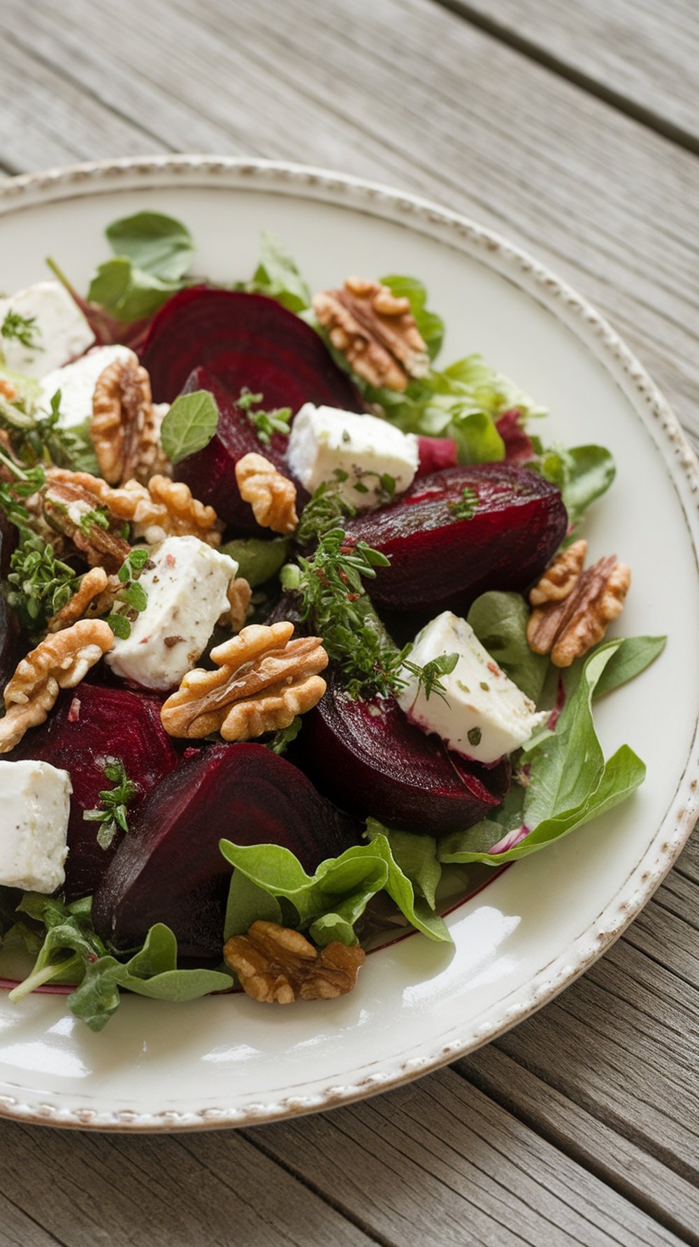 A vibrant salad featuring roasted beets, goat cheese, walnuts, and fresh greens on a plate.