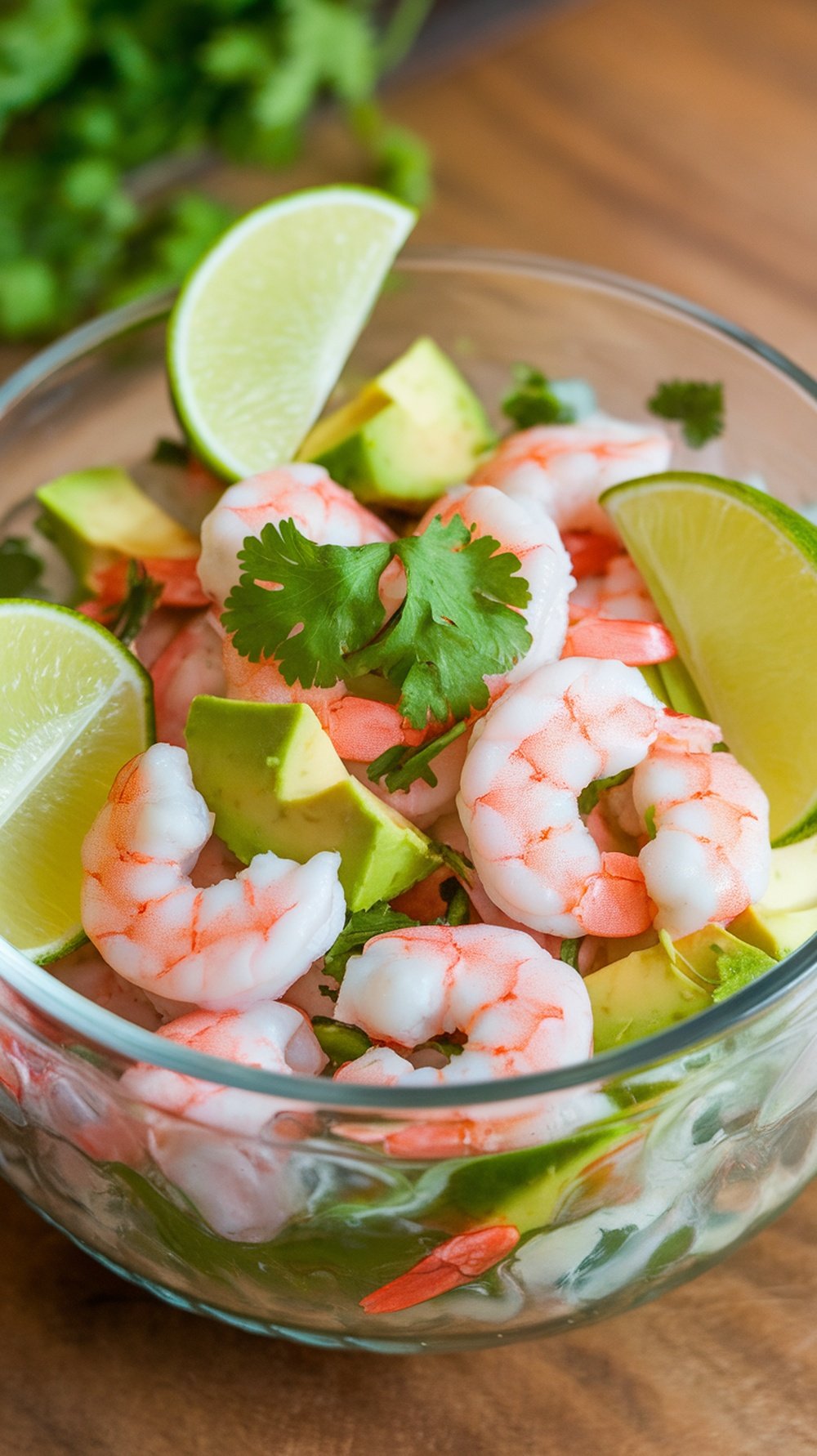 A bowl of shrimp and avocado ceviche garnished with lime and cilantro.
