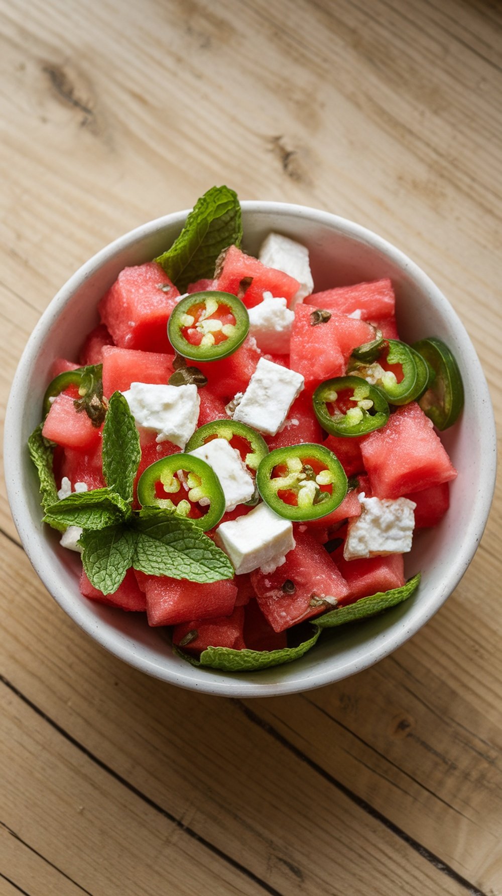 A bowl of Spicy Watermelon Feta Salad with watermelon cubes, feta cheese, jalapeño slices, and mint leaves.
