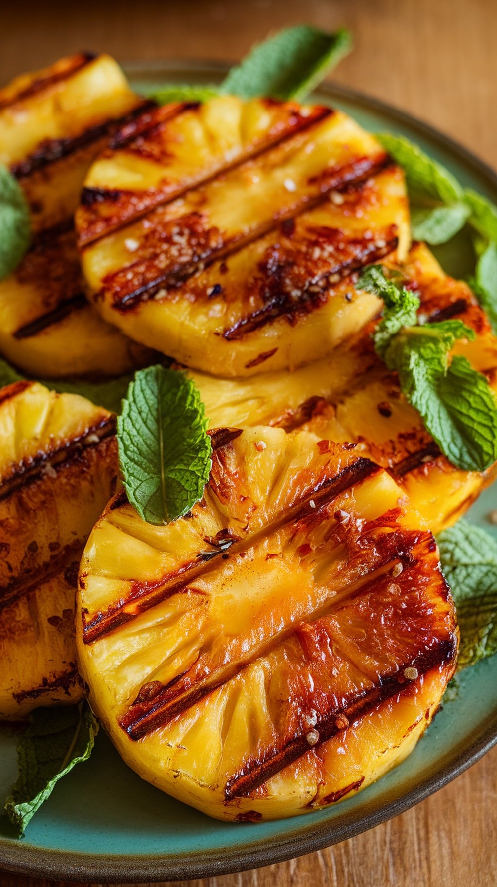 Grilled pineapple slices garnished with mint leaves on a plate