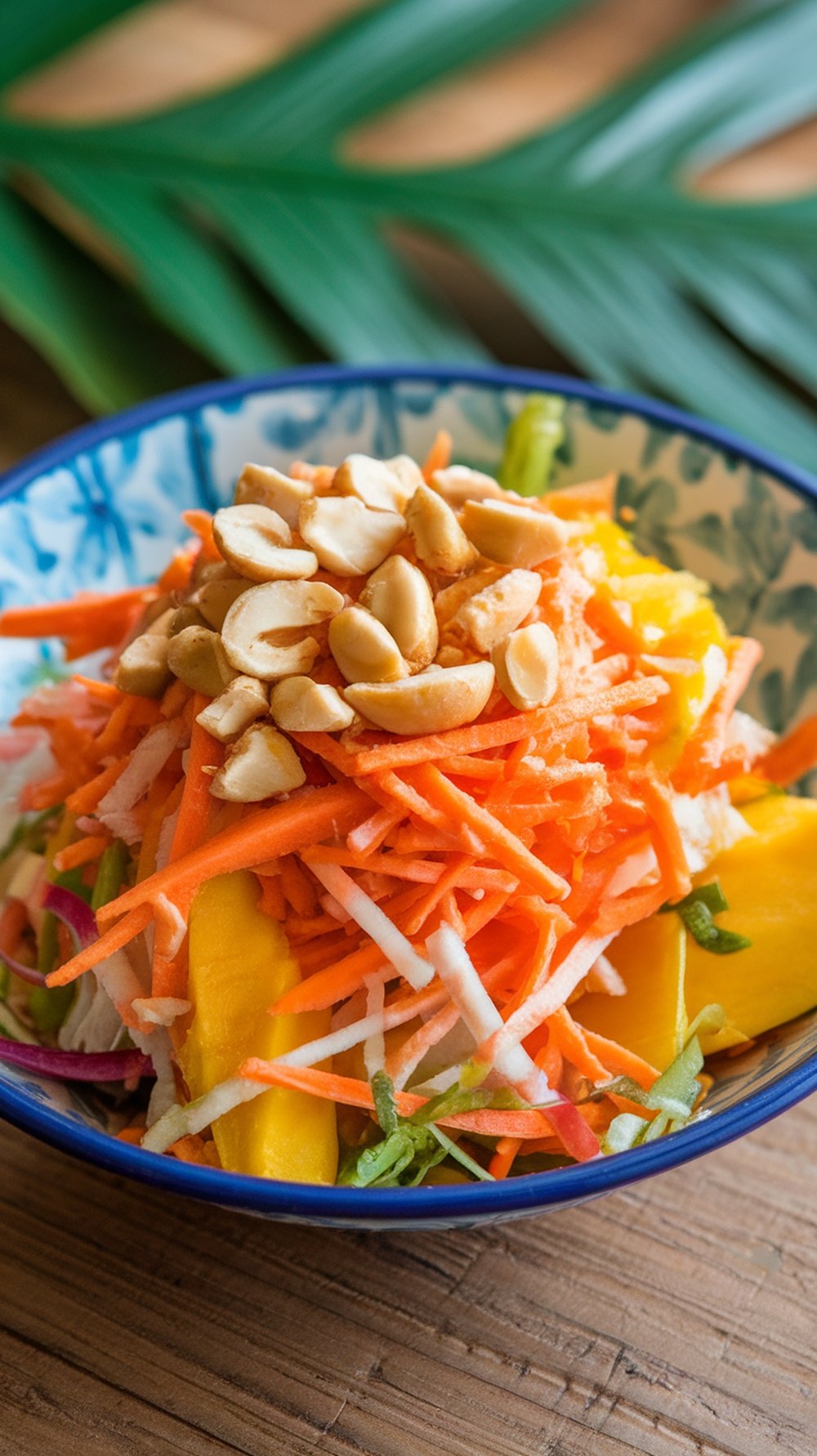 A colorful Thai Mango Salad topped with peanuts, featuring shredded carrots and mango slices.