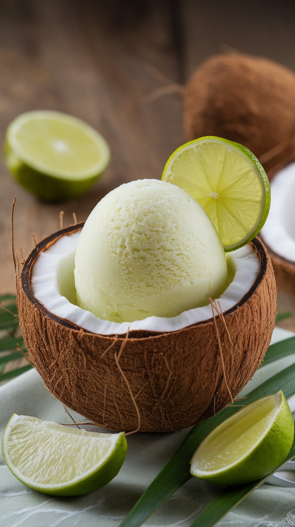 A scoop of coconut lime sorbet served in a coconut shell with lime wedges.