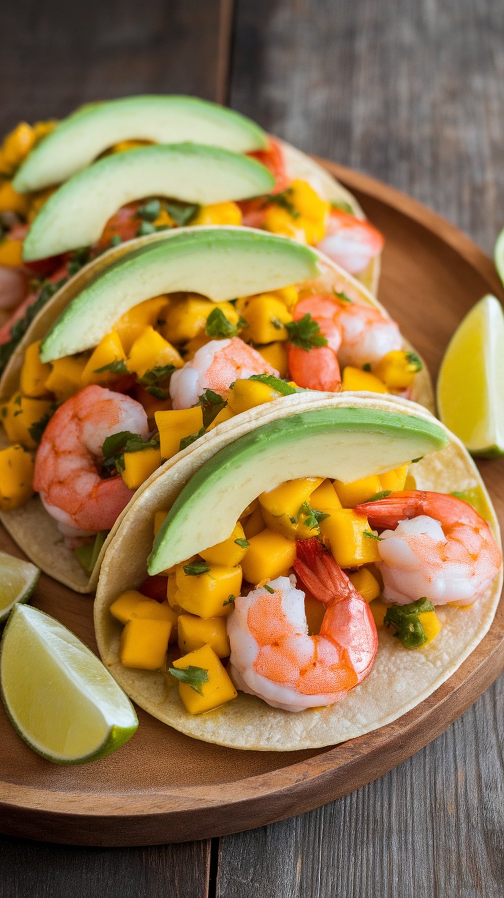 Grilled shrimp tacos with mango salsa and avocado slices on a wooden plate