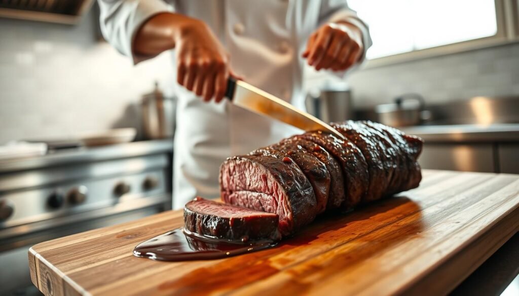 A beautifully lit, high-resolution image of a classic beef tenderloin cooking demonstration. In the foreground, a succulent, expertly seared beef tenderloin roast sits on a wooden cutting board, drizzled with a rich, glossy sauce. In the middle ground, a chef in a crisp white uniform stands beside the cutting board, demonstrating the proper slicing technique with a sharp carving knife. The background features a pristine, professional kitchen setting with gleaming stainless steel appliances and a tiled backsplash. Soft, natural lighting from a large window casts a warm, inviting glow over the scene, highlighting the delicate texture of the meat and the chef's skilled movements. The overall mood is one of culinary mastery and elegant, refined presentation. A beautifully lit, high-resolution image of a classic beef tenderloin cooking demonstration. In the foreground, a succulent, expertly seared beef tenderloin roast sits on a wooden cutting board, drizzled with a rich, glossy sauce. In the middle ground, a chef in a crisp white uniform stands beside the cutting board, demonstrating the proper slicing technique with a sharp carving knife. The background features a pristine, professional kitchen setting with gleaming stainless steel appliances and a tiled backsplash. Soft, natural lighting from a large window casts a warm, inviting glow over the scene, highlighting the delicate texture of the meat and the chef's skilled movements. The overall mood is one of culinary mastery and elegant, refined presentation.