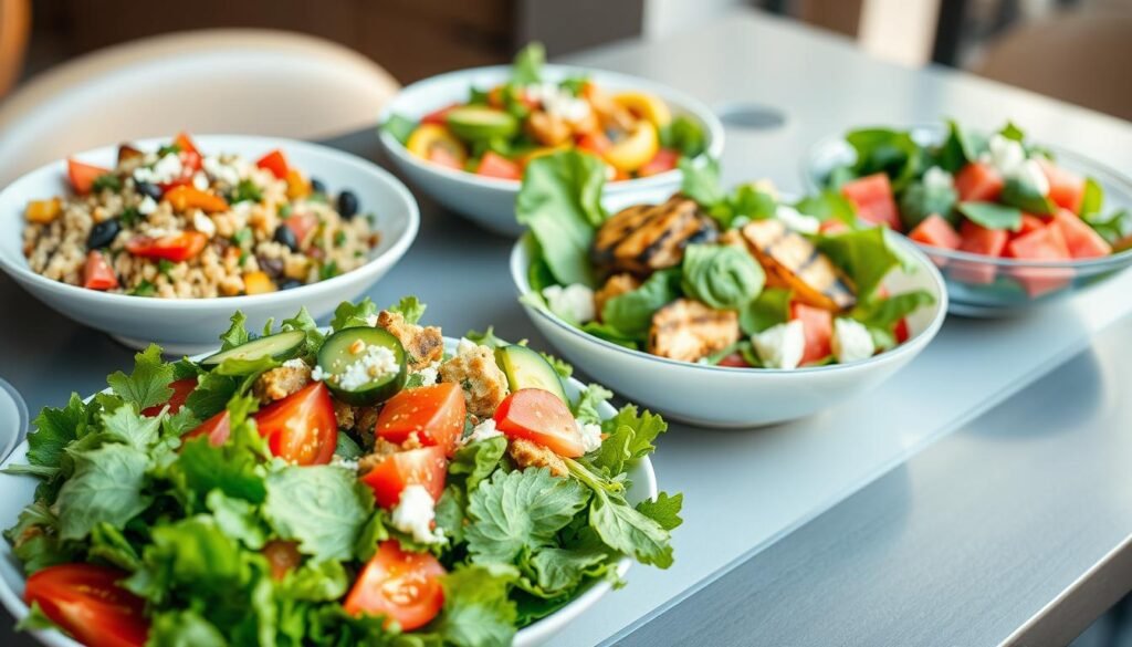 A bountiful array of vibrant, restaurant-quality summer salads, artfully arranged on a sleek, modern table setting. In the foreground, a crisp, mixed green salad with juicy tomatoes, crunchy cucumber slices, and a drizzle of tangy vinaigrette. Behind it, a colorful quinoa salad with roasted vegetables, fresh herbs, and a sprinkle of feta cheese. In the middle, a hearty grilled chicken Caesar salad, with crisp romaine, shaved Parmesan, and garlic-infused croutons. In the background, a refreshing watermelon and feta salad, with mint leaves and a light citrus dressing. Soft, natural lighting casts a warm, summery glow, and the scene is captured with a shallow depth of field, drawing the viewer's focus to the beautifully composed dishes. A bountiful array of vibrant, restaurant-quality summer salads, artfully arranged on a sleek, modern table setting. In the foreground, a crisp, mixed green salad with juicy tomatoes, crunchy cucumber slices, and a drizzle of tangy vinaigrette. Behind it, a colorful quinoa salad with roasted vegetables, fresh herbs, and a sprinkle of feta cheese. In the middle, a hearty grilled chicken Caesar salad, with crisp romaine, shaved Parmesan, and garlic-infused croutons. In the background, a refreshing watermelon and feta salad, with mint leaves and a light citrus dressing. Soft, natural lighting casts a warm, summery glow, and the scene is captured with a shallow depth of field, drawing the viewer's focus to the beautifully composed dishes.
