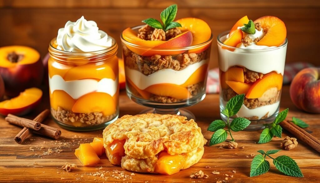A bountiful assortment of budget-friendly canned peach desserts, artfully arranged against a warm, rustic backdrop. In the foreground, a delectable peach cobbler with a golden, flaky crust and juicy, caramelized peach filling. Beside it, a decadent peach trifle layered with creamy custard, fluffy whipped cream, and sliced ripe peaches. In the middle ground, a simple yet satisfying peach parfait, its vibrant orange hues contrasting with the creamy yogurt and crunchy granola. The background features a wooden table or countertop, with a scattering of fresh peach slices, cinnamon sticks, and a few sprigs of mint, conveying a cozy, homemade feel. Warm, natural lighting casts a soft glow over the scene, highlighting the rich colors and textures of these budget-friendly canned peach desserts.
