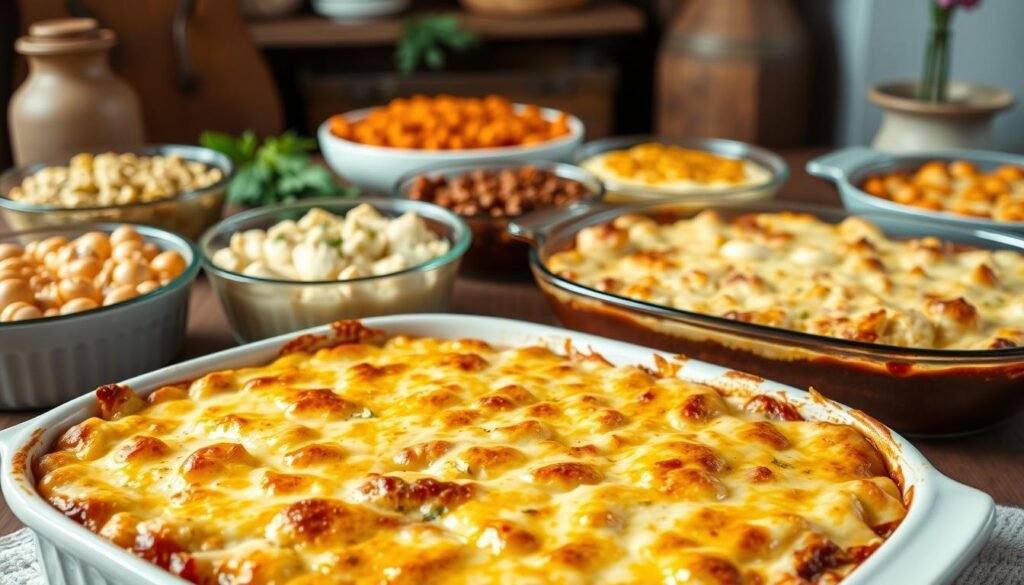 A bountiful assortment of classic comfort casserole dishes, showcased in a warm, inviting kitchen setting. In the foreground, a large, rectangular ceramic baking dish filled with a hearty, creamy casserole, its golden-brown topping glistening under soft, diffused lighting. Surrounding the central dish, an arrangement of complementary casserole-based recipes, each presented in their own individual bakeware, creating a visually appealing tableau. In the background, a rustic wooden table, natural textures, and subtle hints of greenery lend a cozy, homemade atmosphere. The overall scene evokes a sense of nourishing, family-style dining, perfect for the "Classic Comfort Casseroles" section of the article.