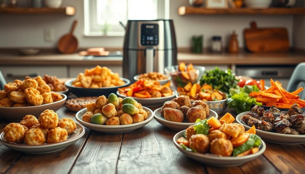 A bountiful assortment of freshly prepared air fryer meals, artfully arranged on a rustic wooden table. In the foreground, a variety of bite-sized portions – golden-brown chicken nuggets, crispy vegetable patties, and succulent pork meatballs. The middle ground showcases an array of colorful sides, such as roasted Brussels sprouts, seasoned sweet potato wedges, and a vibrant green salad. The background features a clean, minimalist kitchen environment, with a sleek, stainless-steel air fryer prominently displayed, casting a warm, inviting glow. Soft, natural lighting illuminates the scene, creating a cozy, inviting atmosphere that captures the effortless magic of air fryer meal prep. A bountiful assortment of freshly prepared air fryer meals, artfully arranged on a rustic wooden table. In the foreground, a variety of bite-sized portions – golden-brown chicken nuggets, crispy vegetable patties, and succulent pork meatballs. The middle ground showcases an array of colorful sides, such as roasted Brussels sprouts, seasoned sweet potato wedges, and a vibrant green salad. The background features a clean, minimalist kitchen environment, with a sleek, stainless-steel air fryer prominently displayed, casting a warm, inviting glow. Soft, natural lighting illuminates the scene, creating a cozy, inviting atmosphere that captures the effortless magic of air fryer meal prep.