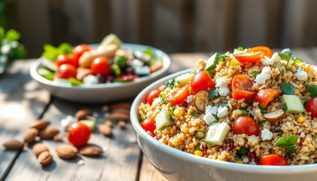 A bountiful grain-based summer salad, bursting with fresh, vibrant ingredients. In the foreground, a bowl overflows with a colorful medley of quinoa, farro, and wild rice, accented by juicy cherry tomatoes, crisp cucumber slices, and fragrant herbs. The middle ground features a selection of toasted almonds, crumbled feta cheese, and a drizzle of tangy, homemade vinaigrette. The background sets the scene with a sun-dappled, rustic wooden table, conveying a sense of warmth and al fresco dining. Soft, diffused lighting casts a gentle glow, creating a welcoming, summery atmosphere. The overall composition captures the essence of a nourishing, flavor-packed grain salad that celebrates the vibrant produce of the season. A bountiful grain-based summer salad, bursting with fresh, vibrant ingredients. In the foreground, a bowl overflows with a colorful medley of quinoa, farro, and wild rice, accented by juicy cherry tomatoes, crisp cucumber slices, and fragrant herbs. The middle ground features a selection of toasted almonds, crumbled feta cheese, and a drizzle of tangy, homemade vinaigrette. The background sets the scene with a sun-dappled, rustic wooden table, conveying a sense of warmth and al fresco dining. Soft, diffused lighting casts a gentle glow, creating a welcoming, summery atmosphere. The overall composition captures the essence of a nourishing, flavor-packed grain salad that celebrates the vibrant produce of the season.