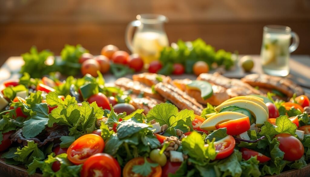 A bountiful spread of fresh, seasonal dinner salads against a warm, sunlit backdrop. In the foreground, a vibrant mix of crisp greens, juicy tomatoes, crunchy cucumbers, and colorful bell peppers, artfully arranged. The middle ground features grilled chicken or seared salmon, alongside creamy avocado slices and toasted nuts or seeds. In the background, a rustic wooden table or natural stone surface, with a scattering of fresh herbs and a pitcher of lemonade or iced tea, conveying a sense of alfresco dining and the bounty of summer. Soft, diffused lighting casts a golden glow, emphasizing the vibrant hues and textures of the ingredients. The overall mood is one of simple, wholesome elegance, inviting the viewer to savor the flavors of the season. A bountiful spread of fresh, seasonal dinner salads against a warm, sunlit backdrop. In the foreground, a vibrant mix of crisp greens, juicy tomatoes, crunchy cucumbers, and colorful bell peppers, artfully arranged. The middle ground features grilled chicken or seared salmon, alongside creamy avocado slices and toasted nuts or seeds. In the background, a rustic wooden table or natural stone surface, with a scattering of fresh herbs and a pitcher of lemonade or iced tea, conveying a sense of alfresco dining and the bounty of summer. Soft, diffused lighting casts a golden glow, emphasizing the vibrant hues and textures of the ingredients. The overall mood is one of simple, wholesome elegance, inviting the viewer to savor the flavors of the season.