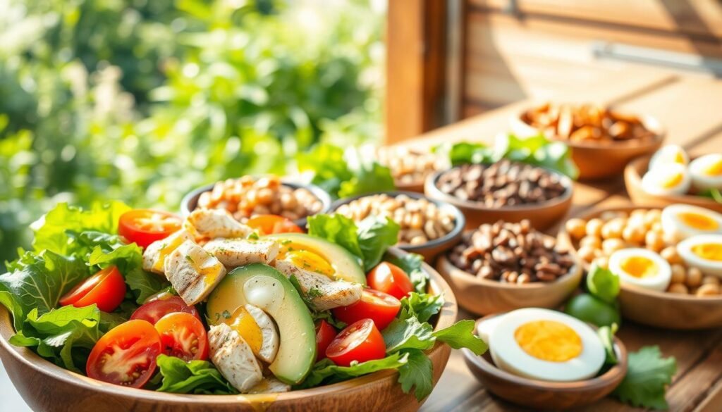 A bountiful spread of vibrant, protein-rich summer salads against a bright, airy backdrop. In the foreground, a large wooden bowl overflows with leafy greens, sliced avocado, grilled chicken, and colorful heirloom tomatoes, drizzled with a zesty lemon vinaigrette. In the middle ground, additional salad components like quinoa, lentils, hard-boiled eggs, and roasted nuts are arranged in small serving dishes. The background depicts a sun-dappled outdoor setting, with lush greenery and a rustic wooden table or countertop. Warm, natural lighting casts a soft, appetizing glow over the scene, showcasing the fresh, nutritious ingredients. An inviting, wholesome presentation that captures the essence of protein-packed summer salad perfection. A bountiful spread of vibrant, protein-rich summer salads against a bright, airy backdrop. In the foreground, a large wooden bowl overflows with leafy greens, sliced avocado, grilled chicken, and colorful heirloom tomatoes, drizzled with a zesty lemon vinaigrette. In the middle ground, additional salad components like quinoa, lentils, hard-boiled eggs, and roasted nuts are arranged in small serving dishes. The background depicts a sun-dappled outdoor setting, with lush greenery and a rustic wooden table or countertop. Warm, natural lighting casts a soft, appetizing glow over the scene, showcasing the fresh, nutritious ingredients. An inviting, wholesome presentation that captures the essence of protein-packed summer salad perfection.