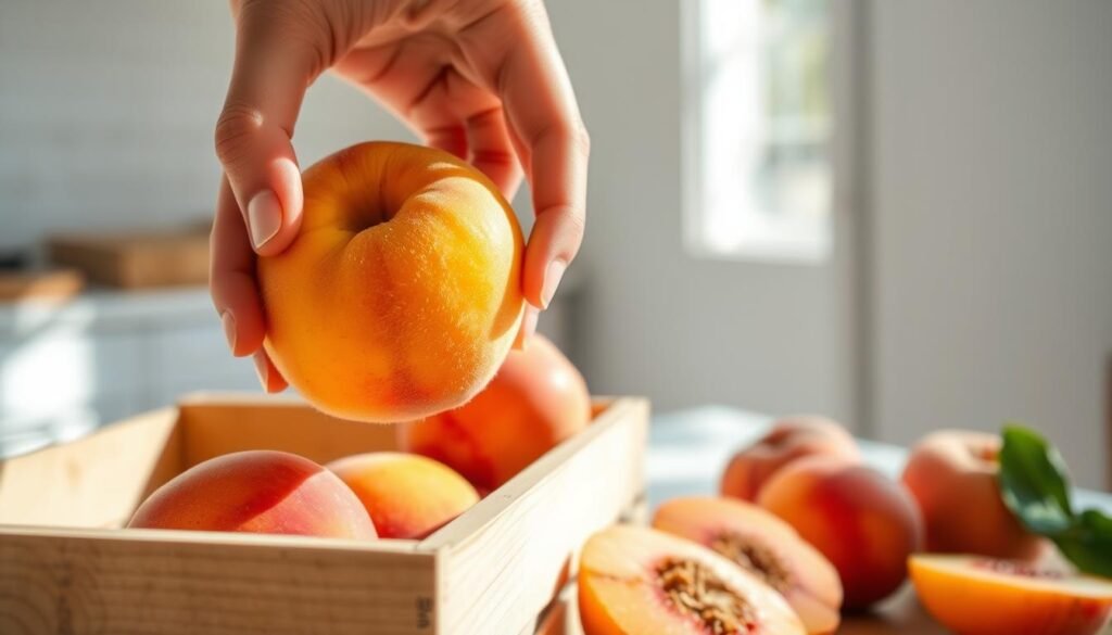 A bright, airy kitchen setting with natural sunlight streaming in. In the foreground, a person's hands gently selecting a ripe, juicy peach from a wooden crate or basket, examining it closely. The peach's fuzzy skin and vibrant orange-yellow hue is captured in vivid detail. In the middle ground, additional peaches of varying ripeness are visible, some whole, others sliced, showcasing their luscious flesh and tantalizing appeal. The background features a simple, minimalist backdrop, allowing the fresh produce to take center stage. The overall scene conveys a sense of care, appreciation, and the joy of working with high-quality, seasonal ingredients. A bright, airy kitchen setting with natural sunlight streaming in. In the foreground, a person's hands gently selecting a ripe, juicy peach from a wooden crate or basket, examining it closely. The peach's fuzzy skin and vibrant orange-yellow hue is captured in vivid detail. In the middle ground, additional peaches of varying ripeness are visible, some whole, others sliced, showcasing their luscious flesh and tantalizing appeal. The background features a simple, minimalist backdrop, allowing the fresh produce to take center stage. The overall scene conveys a sense of care, appreciation, and the joy of working with high-quality, seasonal ingredients.