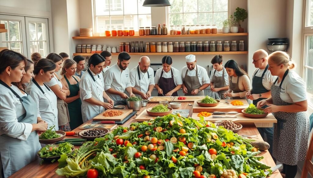A bustling kitchen filled with a diverse team of chefs and home cooks, gathered around a large, wooden table covered in fresh greens, vibrant veggies, and an array of chopping boards, knives, and serving platters. Bright natural light pours in through large windows, casting a warm, inviting glow over the scene. In the foreground, a group intently discusses ingredient combinations and portion planning, their faces animated with excitement. In the middle ground, assistants efficiently chop, toss, and arrange the components of a visually stunning, large-scale salad. In the background, shelves brim with jars of herbs, spices, and dressings, hinting at the depth of flavors to come. The overall atmosphere is one of collaboration, creativity, and the celebratory spirit of feeding a crowd.
