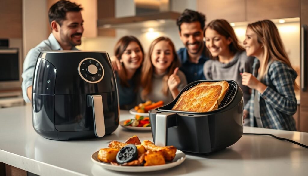 A cheerful family gathered around a sleek, modern kitchen counter, eagerly enjoying a delectable air-fryer meal. In the foreground, a crisp, golden-brown chicken cutlet sizzles on a stylish black-and-silver air fryer, emitting an enticing aroma. In the middle ground, a plate of roasted vegetables, their vibrant colors and charred edges testament to the air fryer's efficiency. The family, dressed in casual attire, radiates a sense of ease and contentment as they savor the quick, healthy, and delicious dinner. Warm, soft lighting bathes the scene, creating an inviting and cozy atmosphere. The angle is slightly elevated, capturing the dynamic interaction and the air fryer's central role in this busy family's weeknight routine.
