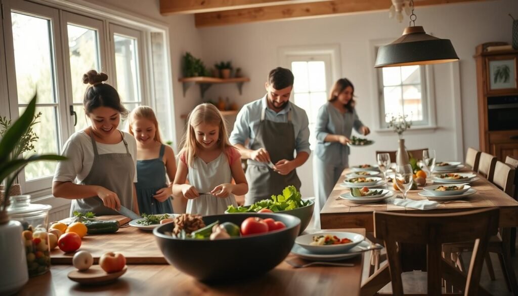 A cheerful kitchen scene with a family preparing a shared meal. In the foreground, a mother and children chopping vegetables and mixing ingredients on a wooden countertop, sunlight streaming in through large windows. In the middle ground, a father tossing a salad and plating dishes, their expressions focused yet content. The background reveals a cozy dining area with a rustic wooden table set for a family feast, natural light casting a warm glow. The overall atmosphere is one of togetherness, nourishment, and the simple pleasure of a homemade meal.