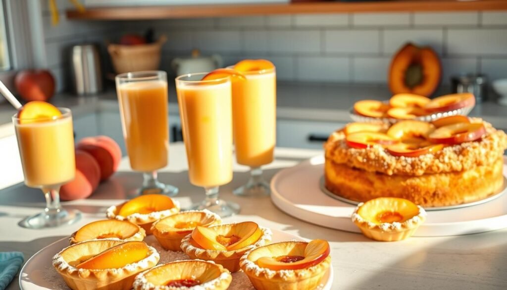 A cheerful, sun-drenched kitchen scene showcasing a variety of kid-approved peach desserts. In the foreground, a platter of individual peach tarts with flaky crusts and luscious peach slices, dusted with powdered sugar. On the middle counter, a peach cobbler with a golden, crumbly topping, alongside peach smoothies in tall glasses, garnished with fresh peach slices. In the background, a peach upside-down cake with caramelized peach halves crowning the moist, fluffy sponge. Warm, soft lighting casts a cozy glow, creating an inviting, family-friendly atmosphere. The desserts are artfully arranged, their vibrant colors and textures enticing young and old alike.