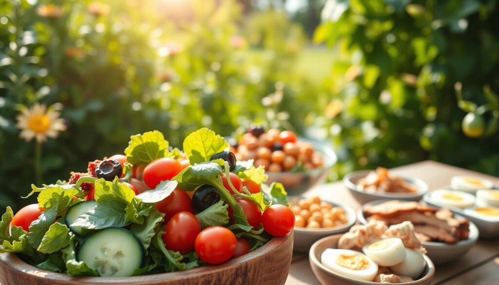 A cheerful, sun-drenched scene of budget-friendly summer salads, captured with a wide-angle lens. In the foreground, a vibrant array of fresh greens, cucumber slices, and cherry tomatoes spill out of a rustic wooden bowl. The middle ground features an assortment of protein-rich toppings, such as chickpeas, grilled chicken, and hardboiled eggs, arranged in small dishes. In the background, a lush, verdant garden backdrop creates a serene, natural ambiance, with soft, diffused lighting casting a warm glow over the scene. The overall composition conveys a sense of simplicity, affordability, and wholesome nourishment, perfectly suited for feeding a crowd during the summer months.