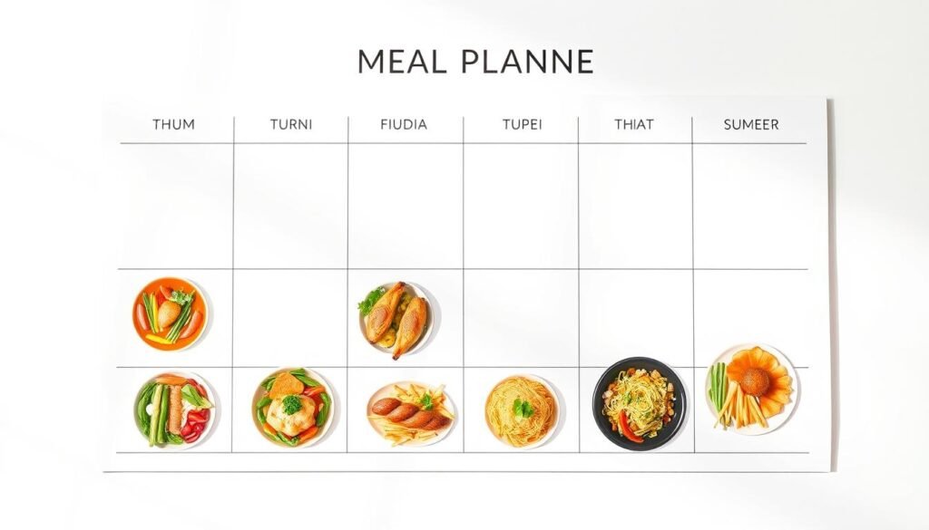 A clean, minimalist design showcasing a weekly meal planning chart on a white background. The chart features seven columns representing the days of the week, with each day's meal visually depicted using crisp, detailed illustrations of various healthy air fryer dishes. The illustrations should be diverse, showcasing a range of protein sources, vegetables, and cooking techniques to convey the concept of a well-rounded, nutritious diet. The overall composition should exude a sense of organization, efficiency, and visual harmony, conveying the idea of a structured, sustainable approach to healthy eating. Soft, diffused lighting casts a warm, natural glow, creating a clean, inviting atmosphere.