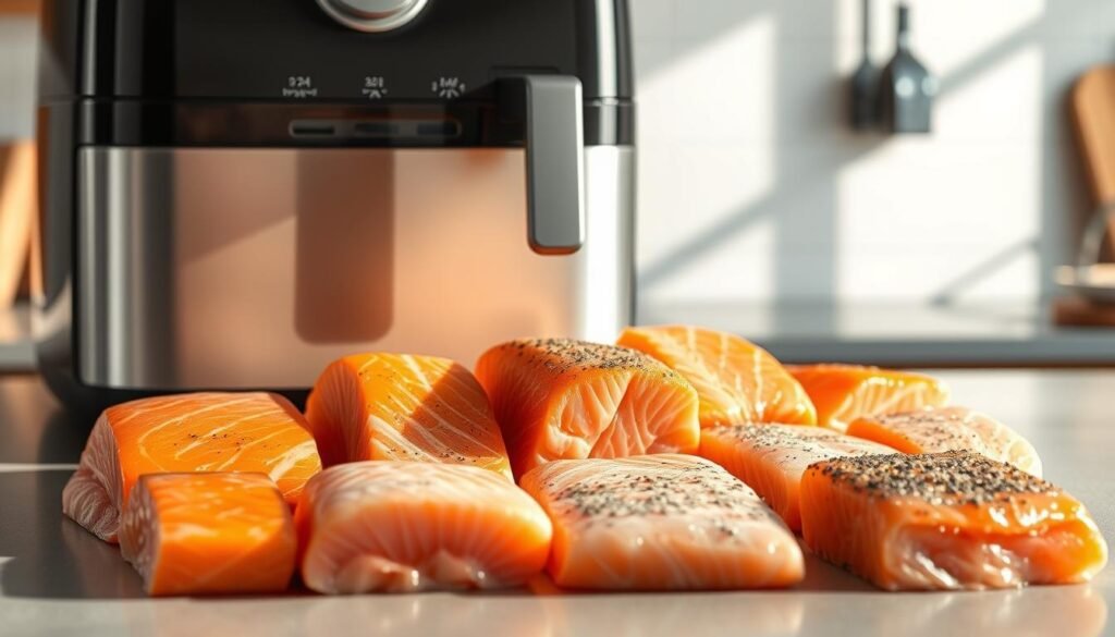 A close-up, high-resolution, photorealistic illustration showcasing the different cuts of salmon and their optimal air frying requirements. In the foreground, various salmon fillets, steaks, and portions are arranged neatly, each labeled with their names and ideal air frying times and temperatures. The middle ground features a sleek, modern air fryer against a minimalist, light-colored background, casting soft shadows. The background subtly incorporates kitchen elements like stainless steel surfaces and wooden accents, creating a clean, culinary atmosphere. Warm, diffused lighting highlights the delicate texture and vibrant colors of the salmon, emphasizing its fresh, mouthwatering appearance. The overall composition conveys a sense of expertise, precision, and the art of perfecting air-fried salmon.