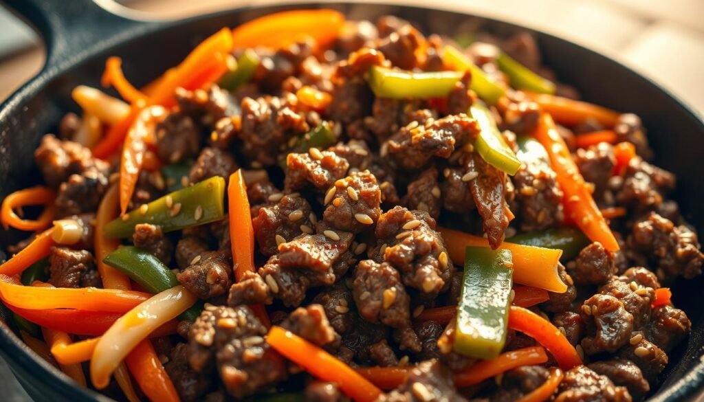 A close-up shot of a delectable Asian-inspired ground beef dish, sizzling in a cast-iron skillet under warm, golden lighting. The beef is tossed with vibrant vegetables like shredded carrots, sliced bell peppers, and crisp water chestnuts, all glistening with a savory, umami-rich sauce. Fragrant spices like ginger, garlic, and toasted sesame seeds add depth of flavor. The scene exudes an inviting, homemade atmosphere, captured with a slightly angled, wide-angle lens to showcase the dish's mouthwatering details.