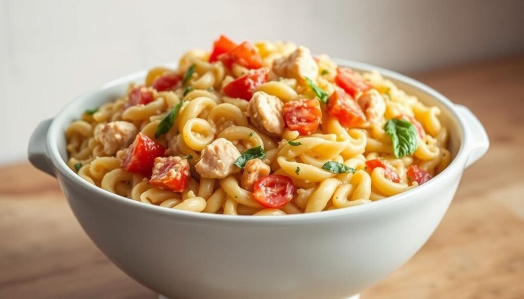 A close-up shot of a large, white ceramic bowl filled with steaming, creamy one-pot orzo pasta. The orzo is cooked to a tender, al dente texture, glistening with a rich, velvety sauce. Chunks of sautéed chicken, diced tomatoes, and slivers of fresh basil are scattered throughout, adding pops of color and flavor. The bowl is set against a simple, minimalist backdrop, with soft, warm lighting illuminating the comforting, homemade dish. The scene evokes a sense of effortless, rustic elegance, perfectly capturing the essence of mastering one-pot orzo pasta.