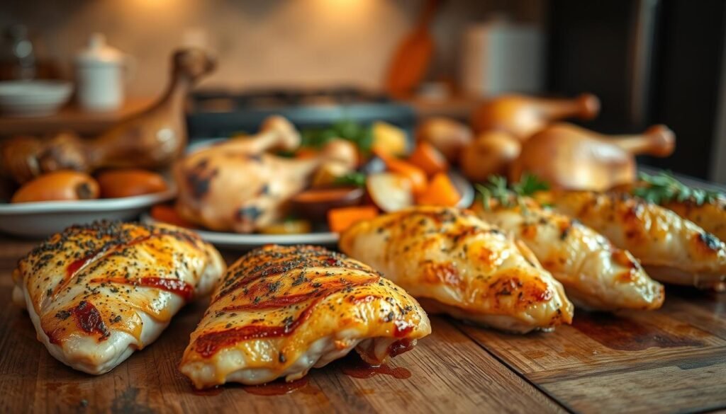A close-up shot of a variety of oven-baked chicken dishes, arranged on a rustic wooden table with a natural, warm lighting. In the foreground, juicy, golden-brown chicken breasts seasoned with herbs and spices, with a crispy, caramelized skin. In the middle ground, a mix of hearty, baked chicken thighs and drumsticks, accompanied by roasted vegetables like potatoes, carrots, and onions. In the background, a hint of a simple, minimalist kitchen setting, with a subtle, cozy atmosphere. The overall scene evokes a sense of homemade, comforting, and delicious oven-baked chicken favorites. A close-up shot of a variety of oven-baked chicken dishes, arranged on a rustic wooden table with a natural, warm lighting. In the foreground, juicy, golden-brown chicken breasts seasoned with herbs and spices, with a crispy, caramelized skin. In the middle ground, a mix of hearty, baked chicken thighs and drumsticks, accompanied by roasted vegetables like potatoes, carrots, and onions. In the background, a hint of a simple, minimalist kitchen setting, with a subtle, cozy atmosphere. The overall scene evokes a sense of homemade, comforting, and delicious oven-baked chicken favorites.